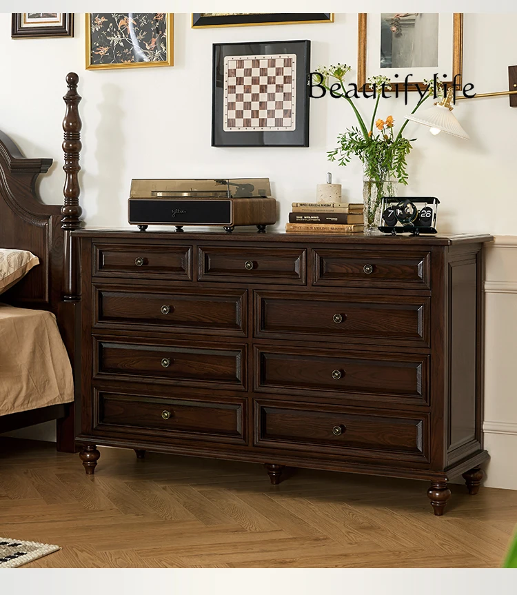 

Solid Wood Nine-Drawer Cabinet Living Room Wall Chest of Drawers Country Idyllic and Retro Bedroom Storage Cabinet