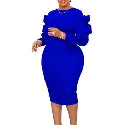 Customized Summer Bodycon Work Mid Dress Women Elegant Solid O Neck Wave Selvedge Long Sleeve Slim Party Club Cocktail Midi Dres