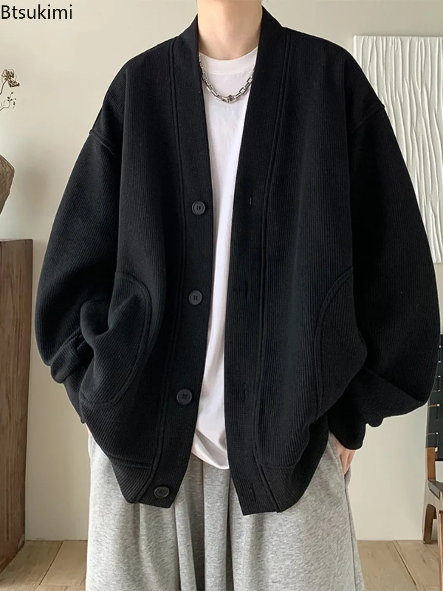 

2026 новые корейские модные кардиганы, мужские весенне-осенние однотонные уличные кофты Y2K, повседневные толстовки, винтажные свободные мужские куртки