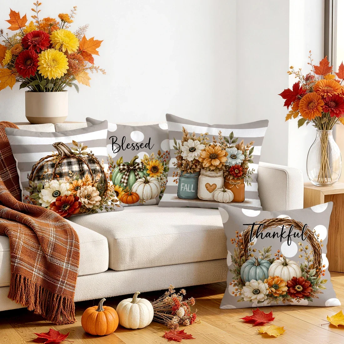 Autumn Pumpkin Flower Basket Cushions Pillowcase Polyester Cushion Cover Throw Pillow Pillowcover Home Car Sofa Decor
