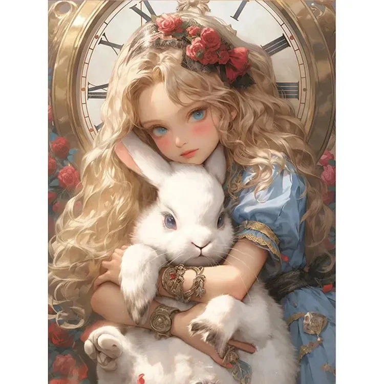 5D DIY Diamantmalerei mit vollständiger Besatzung, Weißer Hase und Alice im Wunderland, Fantasieszene, vollständiges Mosaik für Erwachsene, Wanddekoration, Geschenk
