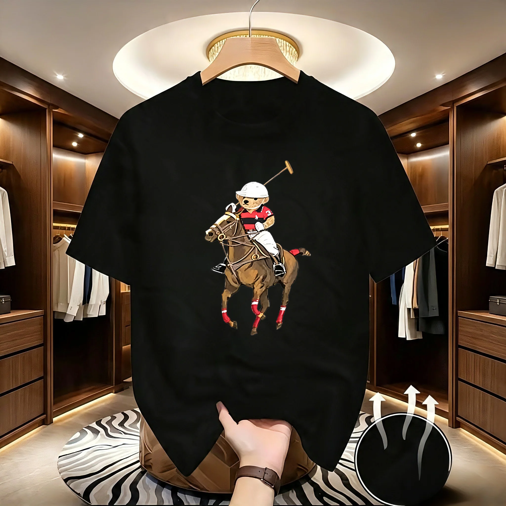 26-2027 New Cartoon Horse Rider Bear Print T-Shirt Y2K Retro Sport Style Unisex O-neck Short Sleeve Fashion Casual Top