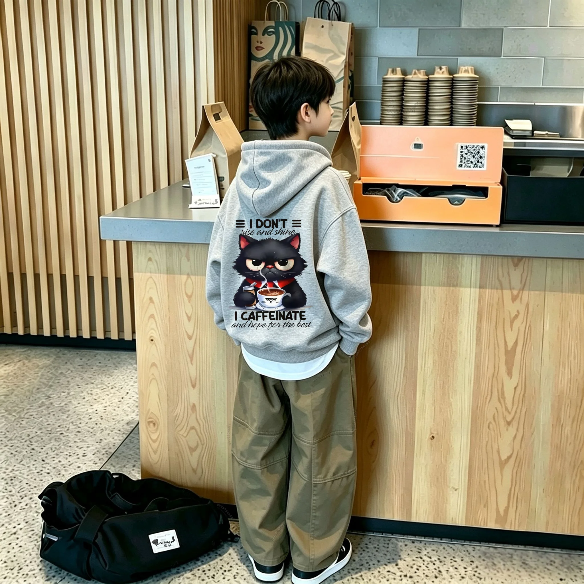 Y2K Kids Hoodie Sweatshirt Autumn Winter Cartoon Angry Black Cat Drinking Coffee Graphic Print Casual Loose Long Sleeve Tops