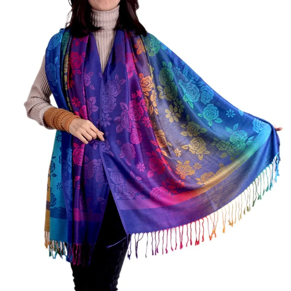 

Элегантная женская шаль в стиле ретро в этническом стиле с розовым принтом, градиентный шарф, красочный мягкий длинный шарф с бахромой для женщин