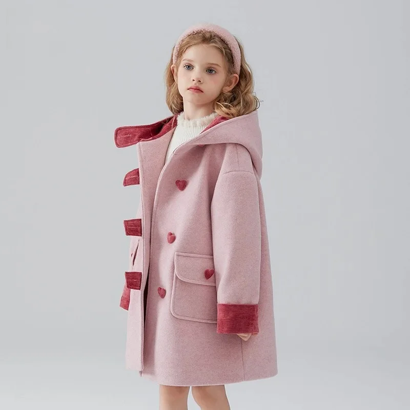 Winter Children Girls Padded Jackets Love Button Side Pocekts 4-14Y Kids Girls Outerwear Hooded Thicken Warm Teens Girl Overcoat