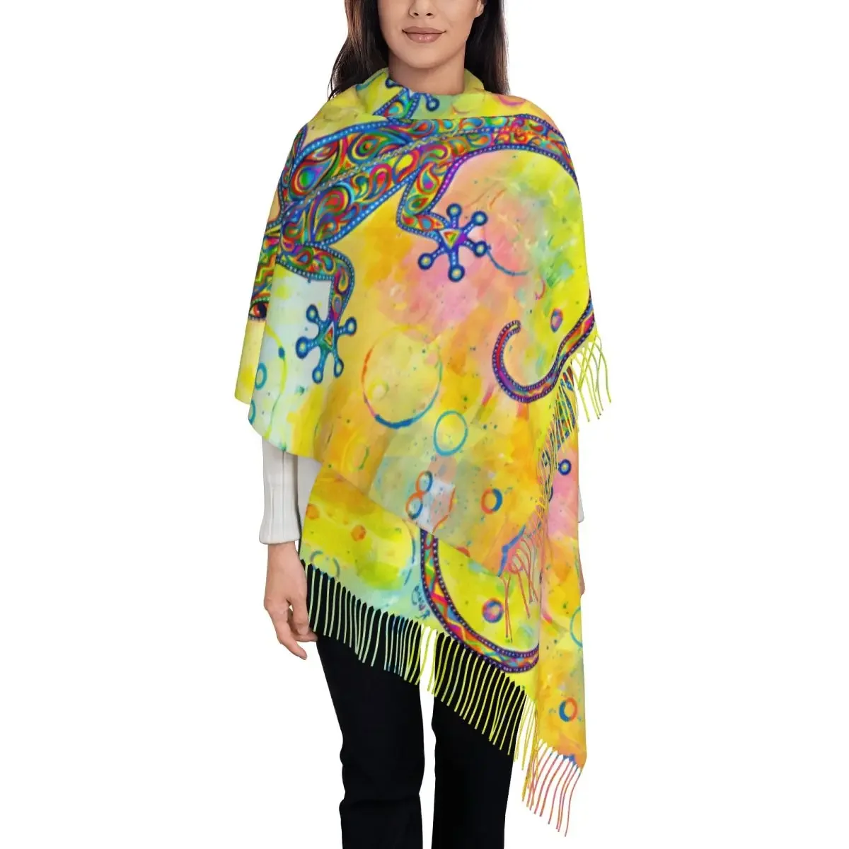 Custom Gecko Psychedelic Paisley Lizard Scarf Wrap for Women Long Winter Warm Tassel Shawl Unisex Scarves