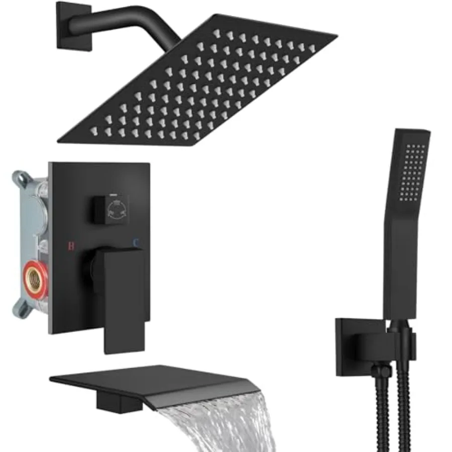 

Shower System with Tub SpoutBathtub Shower Faucet Set with Square Rainfall Head and Handheld Sprayer Wall Mount Tub Faucet Set