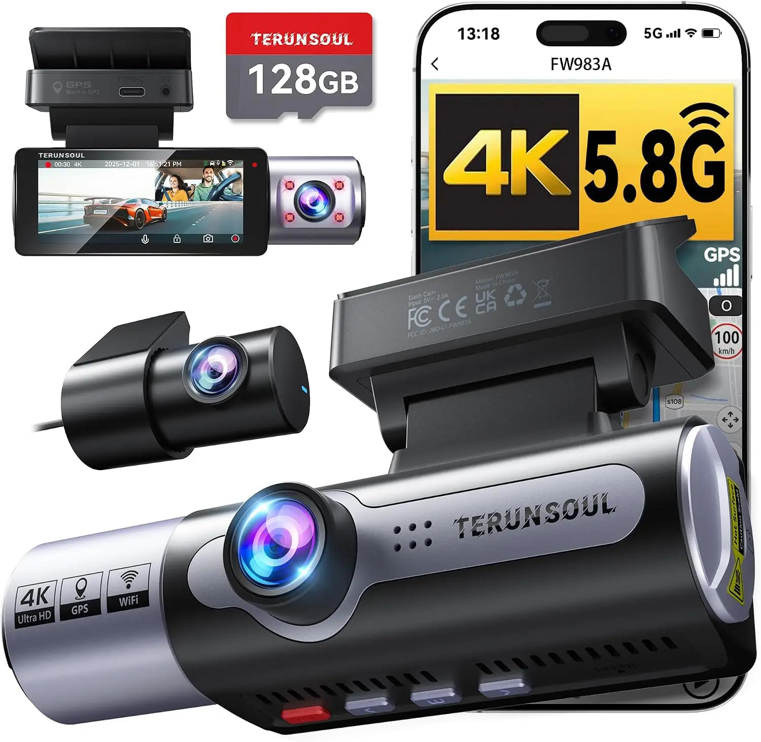 4K Dash Cam Front Rear Full HD 3 Channel Device Free 128GB Card Built 5.8GHz WiFi GPS Collision Sensor Night Vision HDR 3.16 IPS