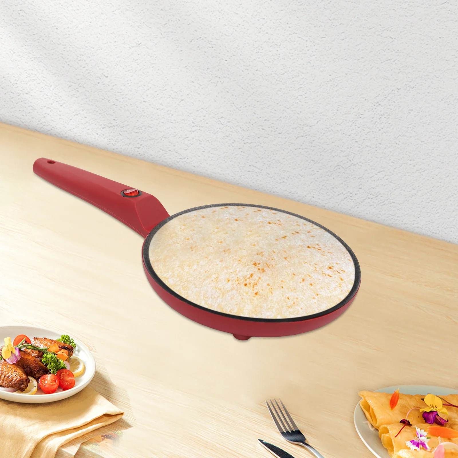 550W 8In Crepe Maker Machine Portable Household Pancake Machine With Egg Beater Crepe Pan Non-Stick Frying Griddle Machine