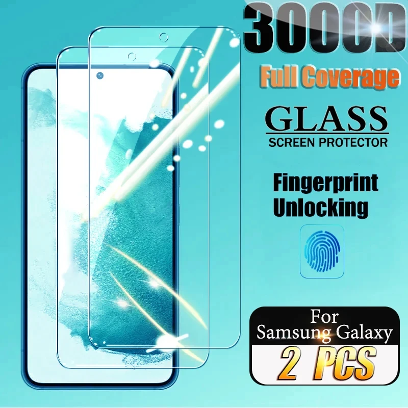 2PCSลายนิ้วมือปลดล็อกกระจกนิรภัยสําหรับSamsung Galaxy S24 Ultra S23 S22 S21 Plusป้องกันหน้าจอสําหรับSamsung S21 S20 FE