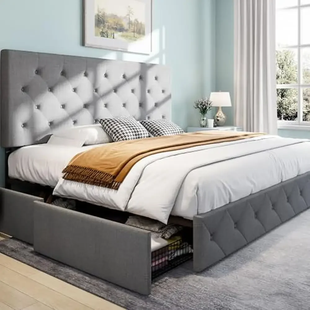 King Size Platform Storage Bed Frame with 4 Drawers Adjustable Headboard Diamond Button Tufted Design Wooden Slat System Light