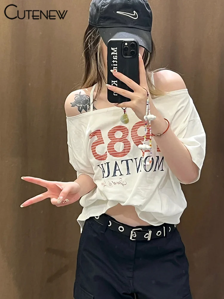 Cutenew Printed Women T-shirts Summer Casual Off Shoulder Short Sleeve Off Shoulder Oversized Tees Female All-matched Streetwear