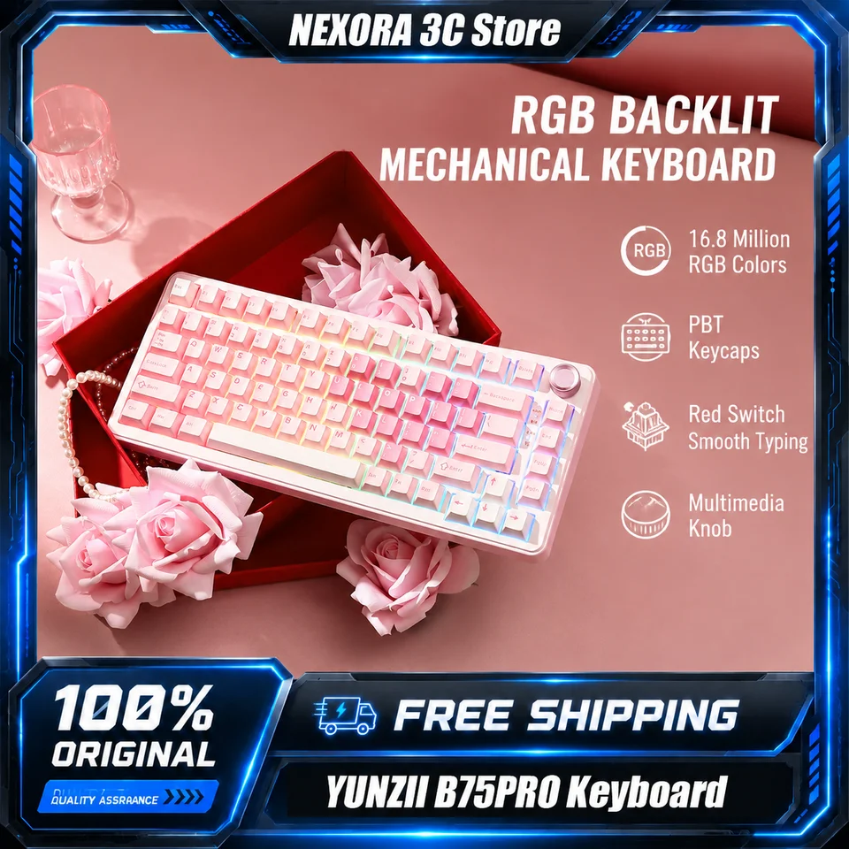 YUNZII B75 PRO Pink Mechanical Gaming Keyboard Gasket Mounted 75