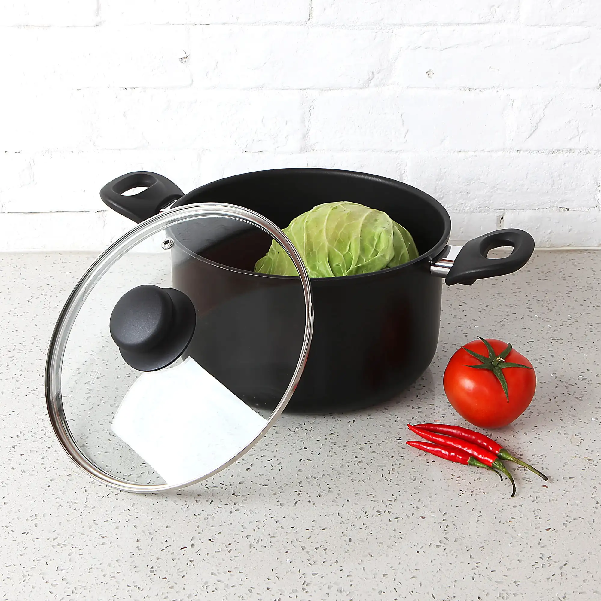 

5 Quart Non Stick Aluminum Dutch Oven with Glass Lid Black Riveted Handles for Strong Connection Tempered Glass Lid