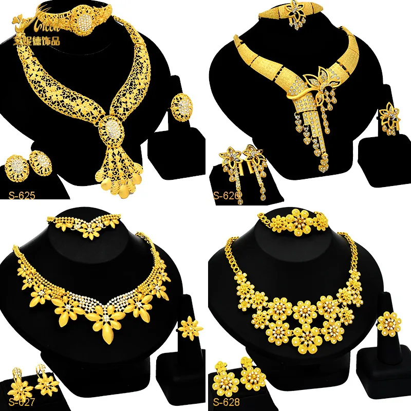 

Diamond inlay Exaggerated Graceful Flower Bridal Jewelry Set Women's 24K Gold AU999 - Bold floral, 4-piece, bridal luxury