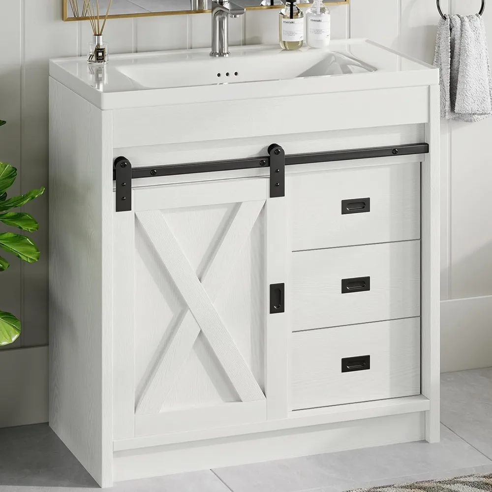 

31" Farmhouse Bathroom Vanity with Sink, White Sliding Barn Door Bathroom Vanity Cabinet Small Single Bath Storage Vanity Sink