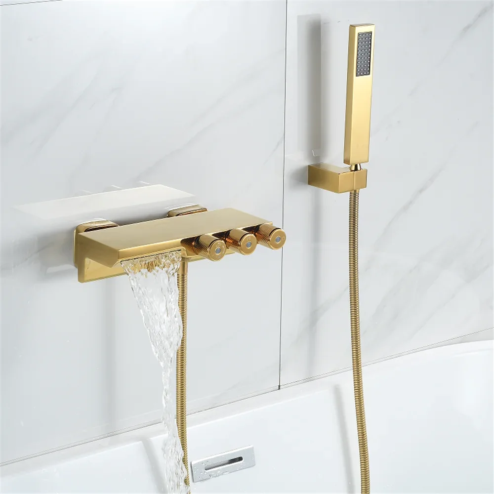 

Bathtub Shower Set Wall Mounted Gold/Black Rotatable Bathtub Faucet Bathroom Waterfall Bath & Mixer Tap Brass