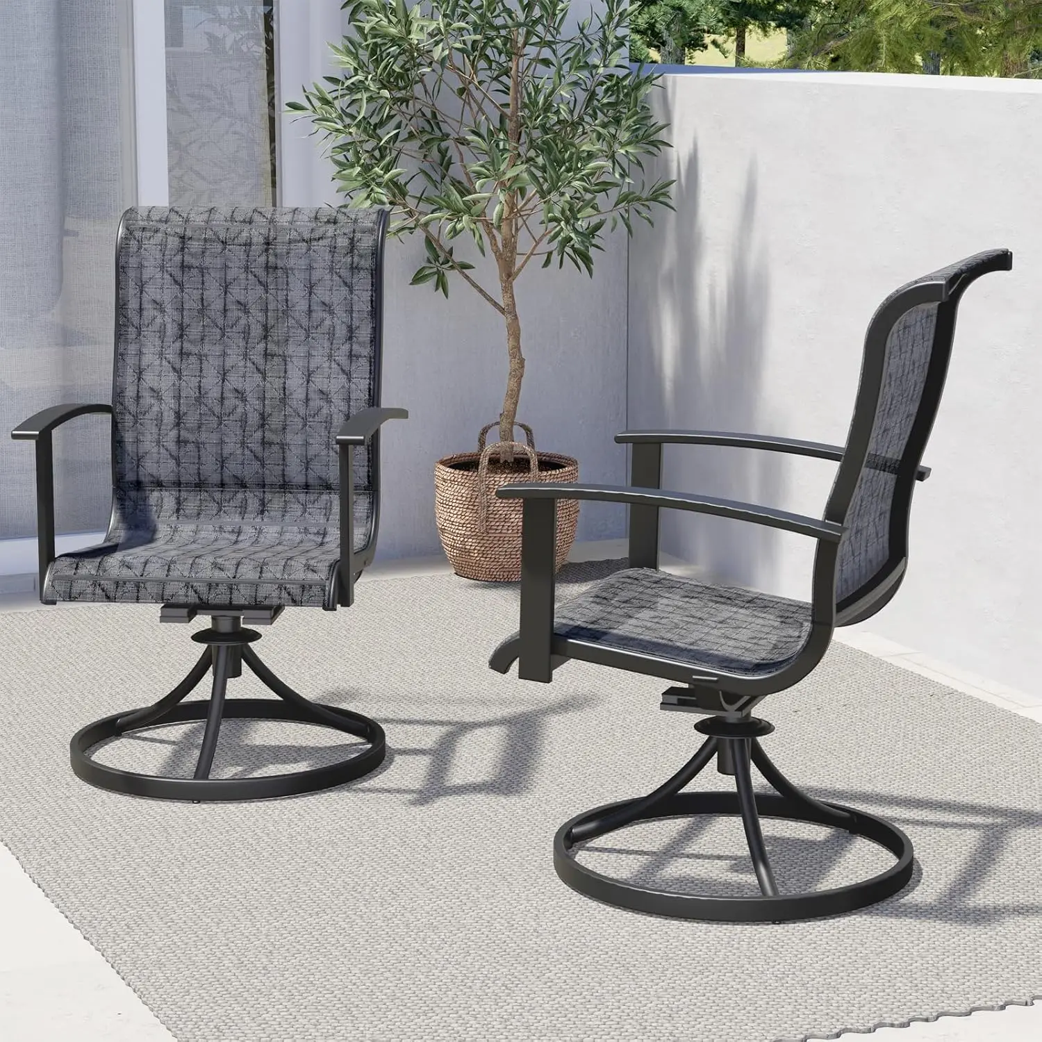 360 Degree Swivel Mesh Sling Rocker Dining Chairs Set of 2 in Black & Grey Plaid for Deck, Garden Backyard