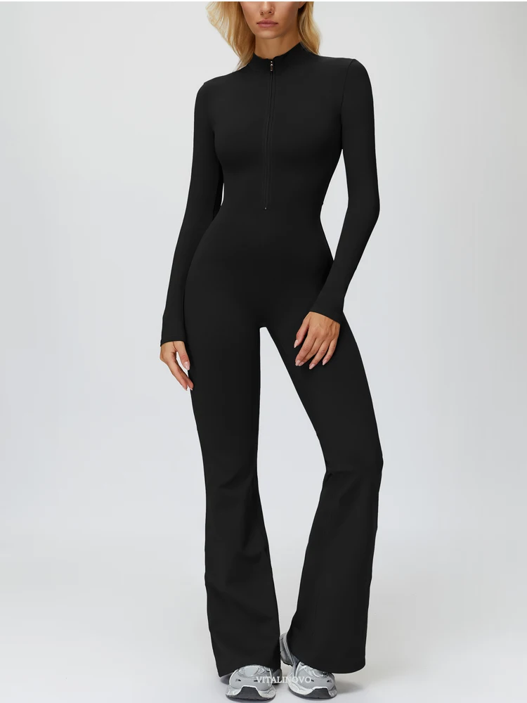 VITALINOVO Damen-Overall mit langen Ärmeln, Flare-Workout-Overall, Reißverschluss, Strampler, Hose, weites Bein, Ganzkörper-Body, figurbetont, einteilig – Detail 8