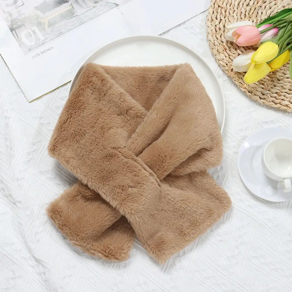 Women Winter Warm Thicken Cross Collar Scarf  Solid Color Faux Rabbit Fur Plush Elegant Shawl Scarfs