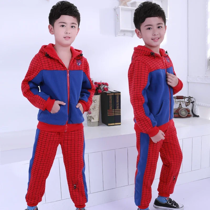 Movie Spider-Man Creative Girls Boys Fleece Coat Pants Autumn and Winter One-piece Hooded Plus Velvet Comfortable