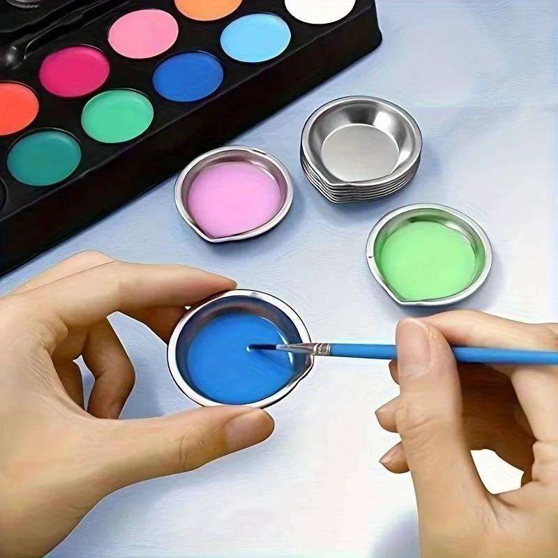 12Pcs Stainless Steel Paint Mixing Palette Small Round Tray for Watercolor Acrylic Makeup Artist Supplies With and Without Mouth