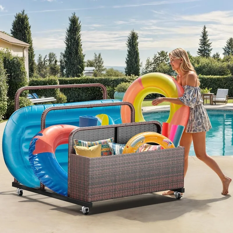 Contenitore galleggiante per piscina da patio in vimini per esterni, contenitore galleggiante per piscina con rotelle in rattan PE per cuscini, galleggianti, tagliatelle, Life V