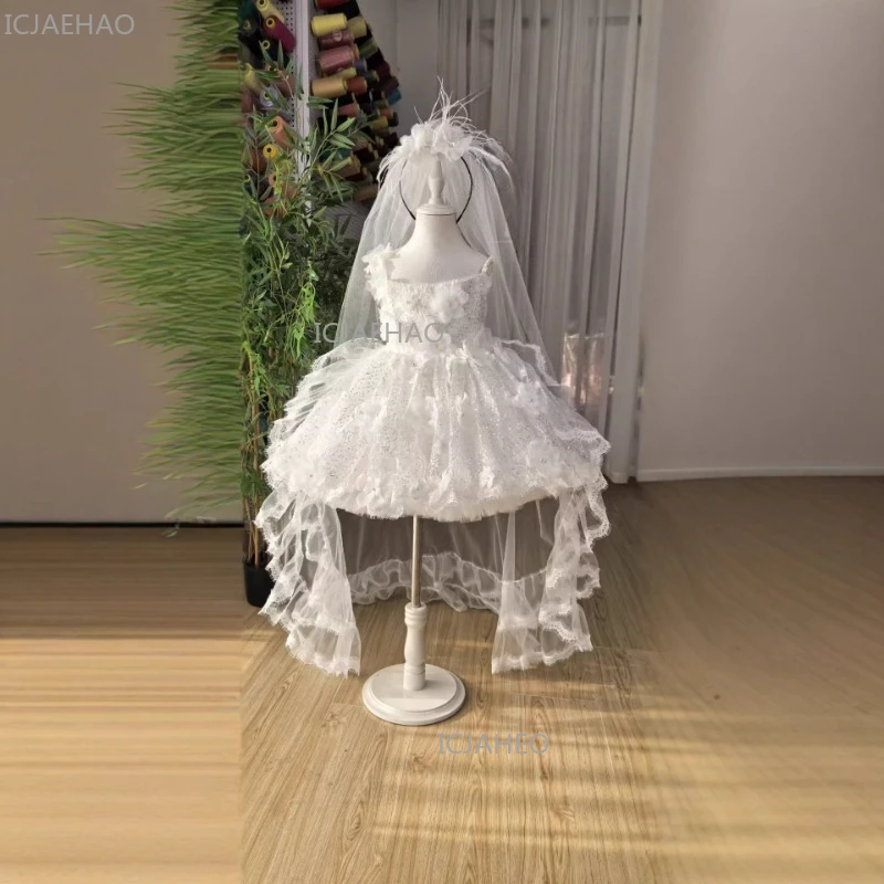 2026 White Girls Princess Dress Children Flower Girl Wedding Gown Kids Puffy Skirt Evening Gown Formal Party Costume Dresses