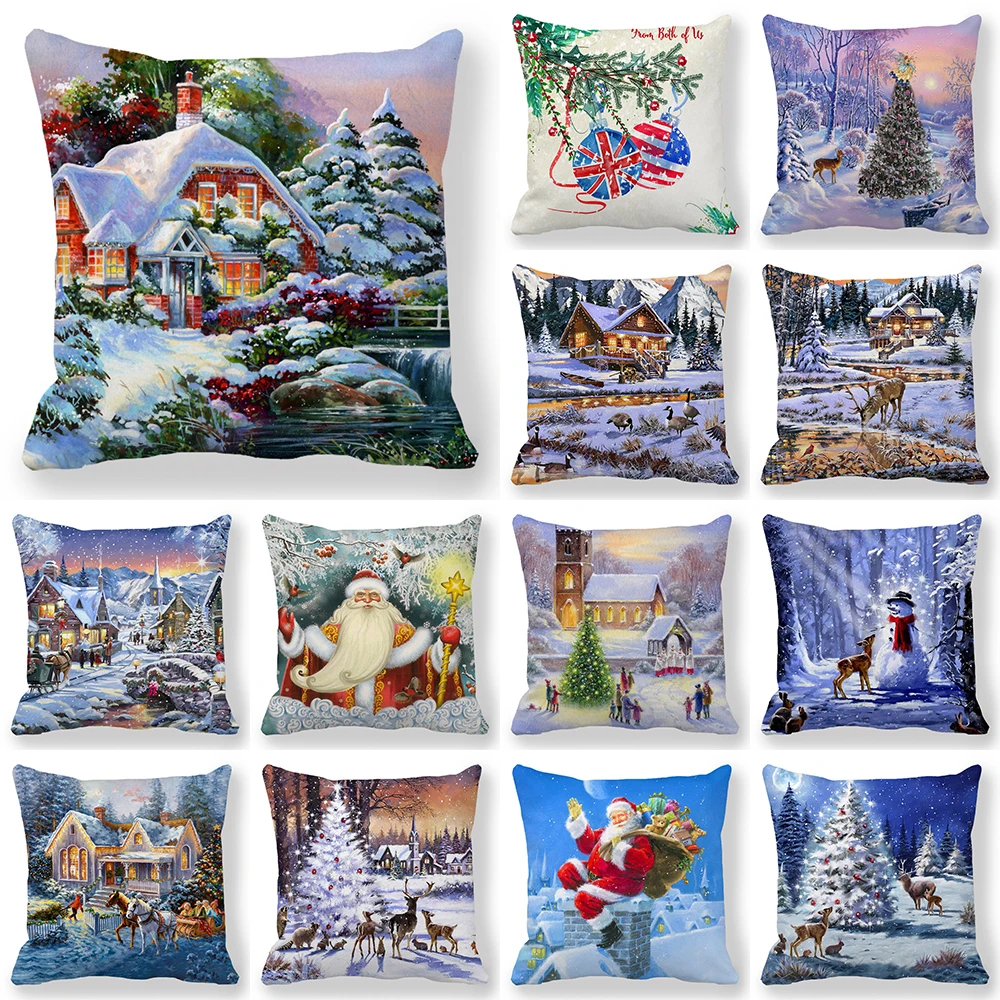 

Merry Christmas Atmosphere Printed Pattern Cushion Cover Home Living Room Sofa Decoration Square Polyester Pillow