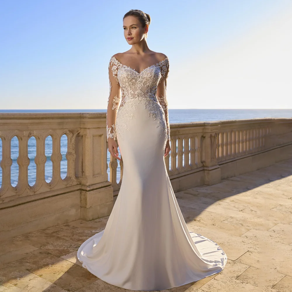 

MANRAY Vintage Satin Wedding Dress Lace Appliques V-neck Sweep Train Bridal Gown Customizable 2025 Vestido De Novia