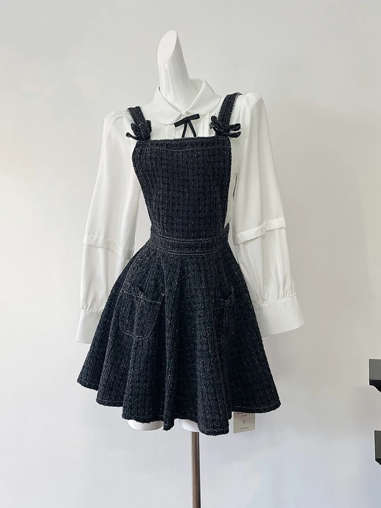 Jesień Zima Kobiety Koreański Vintage Sweet Ballet Core Stroje 2-częściowy zestaw Koszule z długim rękawem + Mori Girl Halter Denim Mini sukienka