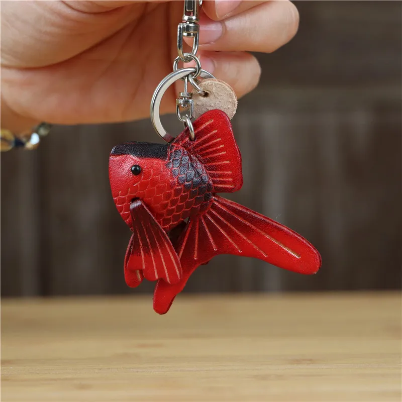 Cowhide Small Red Fish Car Keychain Small Fish Bag Personalized Pendant Accessories Cute Koi Backpack Accessories