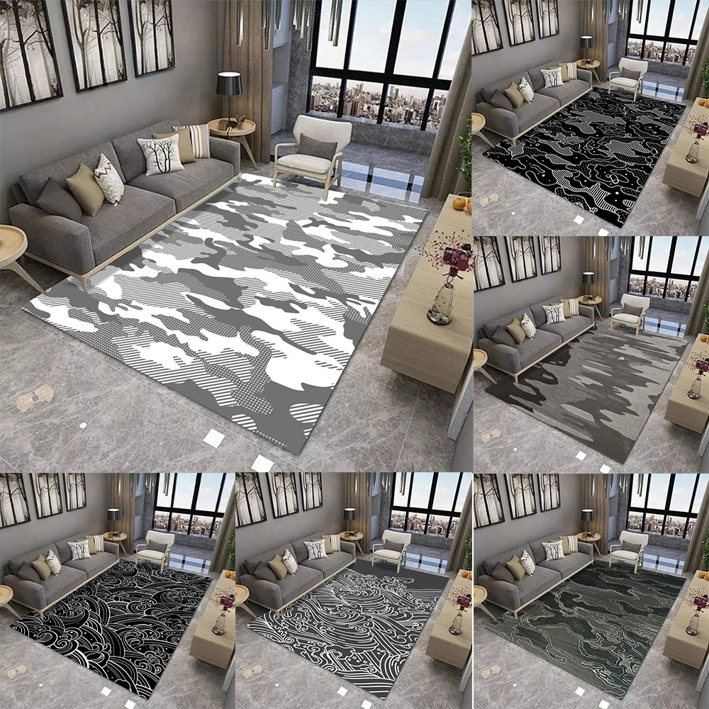 Modern Art Carpet With Camouflage Abstract Line Japanese Wave Patterns, Various Styles Washable Rug For Living Room Decoration