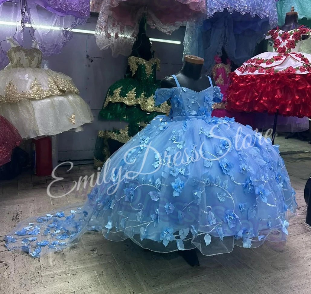 

Небесно-голубое платье с цветочным узором для девочек по индивидуальному заказу на свадьбу, аппликация из жемчуга, тюль длиной до пола с бантом, детское платье для дня рождения, вечеринки младенца