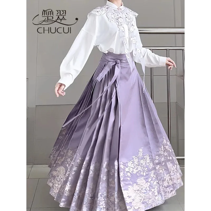 

Новая рубашка в китайском стиле в сочетании с юбкой с лицом лошади для женщин, осенне-зимний комплект в китайском стиле, повседневный стиль Мин, ханьфу