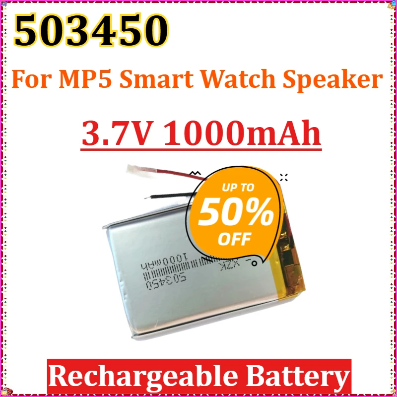 

503450 3.7V 1000mAh Polymer Lithium Rechargeable Battery Li-ion Battery PH2.0 2pin for MP5 Smart Watch Speaker Replacement