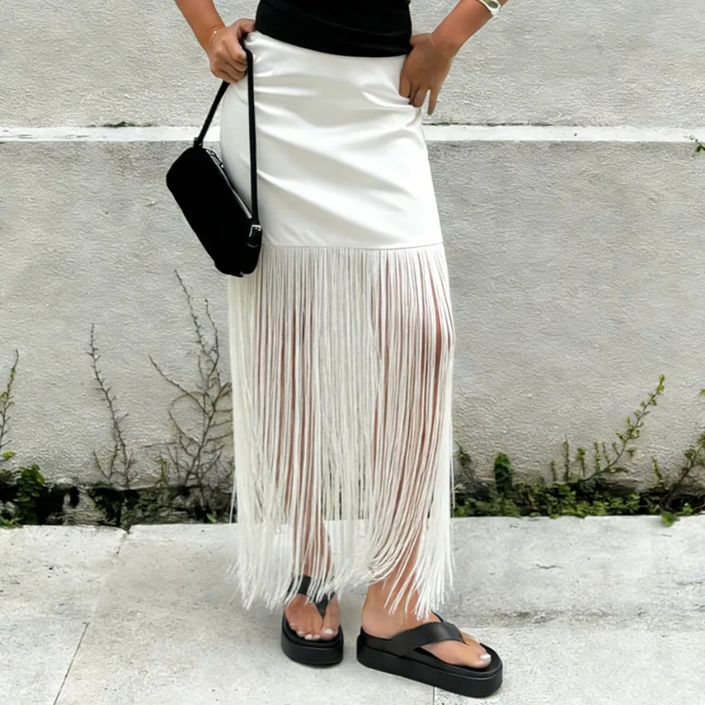 

Original Tassel High Waist Straight Tube Skirt Spring and Summer Women Chic Loose Cool Solid Soft Beach Travel Casual Long Skirt