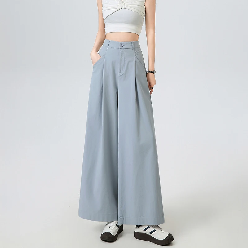 

High Waisted Fashion Wide Leg Trousers Womens Summer Loose Casual Cropped Pants Button Pockets Straight Office Lady Suit Pants