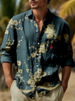 Spring and Autumn Shirts Independent Station Casual bamboo Hawaiian style printed Shirt Men's top Long-sleeved linen shirt