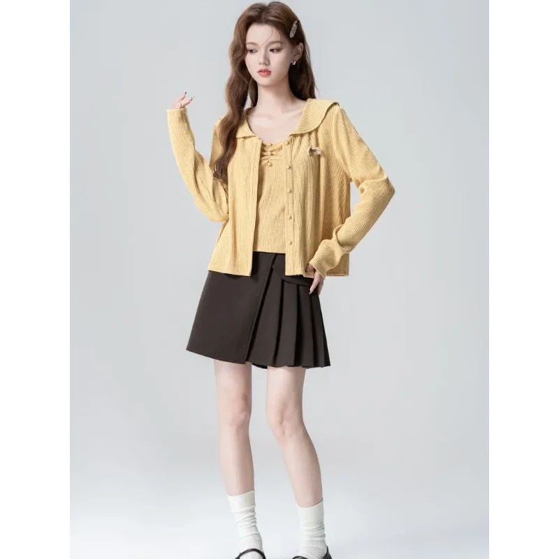 

Yellow Doll Collar Knitted Cardigan for Women 2025 Spring and Autumn New Camisole Two-piece Suit Short Top