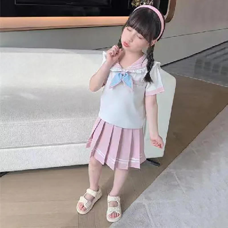 Conjunto de uniforme de estudiante para niños y niñas, camisetas con cuello mandarín JK y faldas plisadas, traje de 2 piezas, uniforme escolar para niños, verano