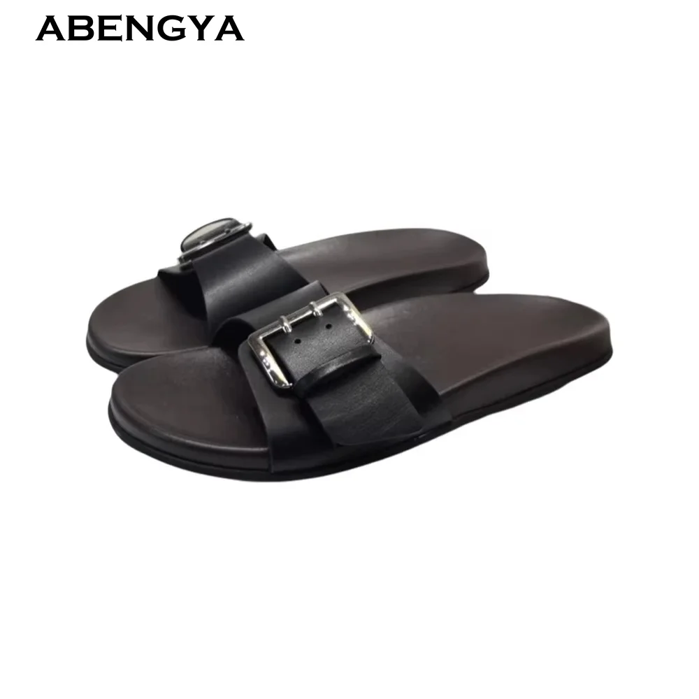 

2026 Designer New Leather Slippers Women Open Toe Mules Dress Flat Shoes Summer Casual Party Vacation Walking Shoes For Women