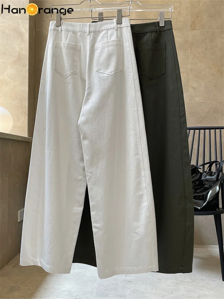 HanOrange 2024 Spring Simple Micro-arc Casual Pants Women High Waist Loose Wide Drapey Trousers Female White/Olive Green