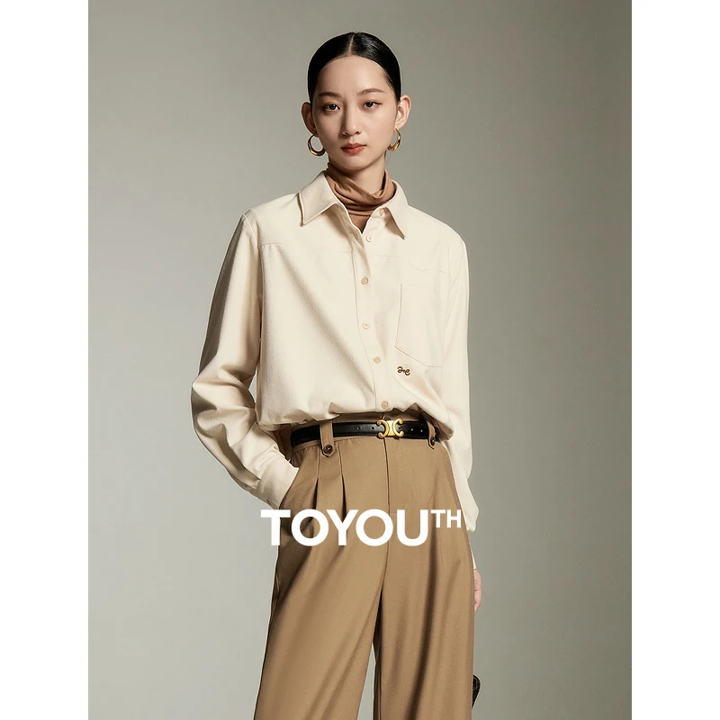 

Toyouth Women Corduroy Shirt 2023 Autumn Long Sleeve Polo Neck Loose Blouse Exquisite Embroidery Casual Retro Khaki Pink Tops