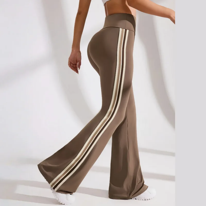 Fashionable Casual Sports Pants, Suitable for Gym Wear, High Waist, Elastic Abdomen, Striped Yoga Bell Pants Can Be Worn Outside