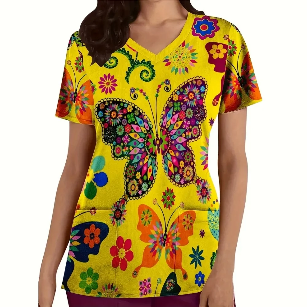 Schmetterlingsdruck, dehnbares Oberteil mit zwei Taschen, V-Ausschnitt, bequeme und funktionelle Pflege, kurzärmelige Uniform für Krankenschwestern-Damenbekleidung