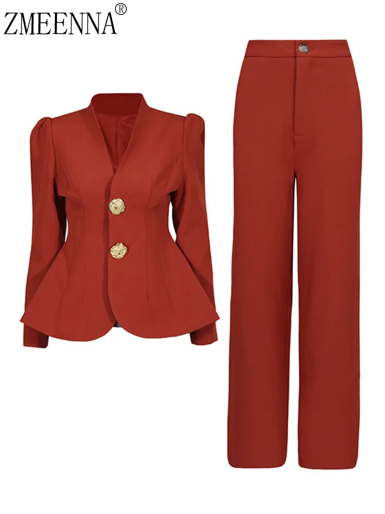 طقم بدلة بليزر بيبلوم برقبة على شكل V للسيدات من ZMEENNA جاكيت مقصوص بأزرار ذهبية وخصر عالي وواسع الساق وسراويل طويلة ZM4586