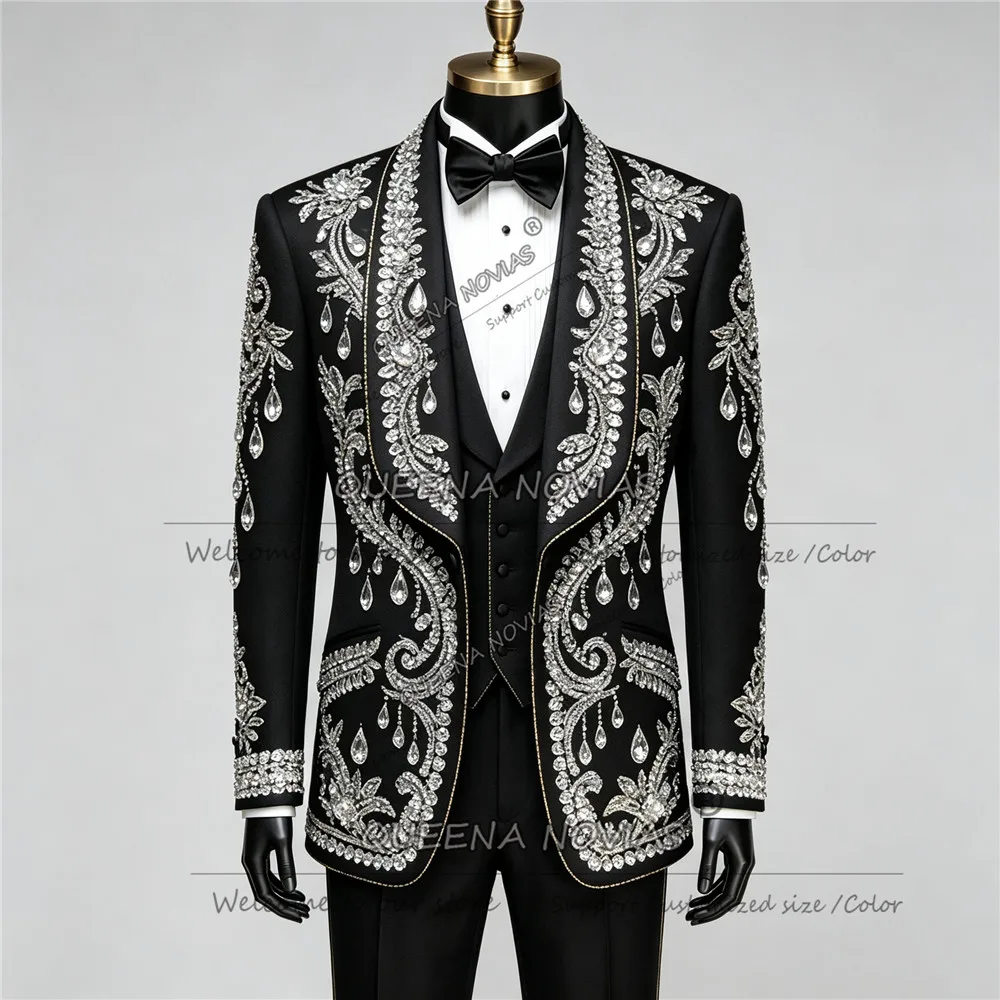 Exclusive Men Suits 2 Pieces Sets Male Party Blazers Elegant Groom Evening Tuxedos Attire Slim Beaded Groom Outfit Costume Homme