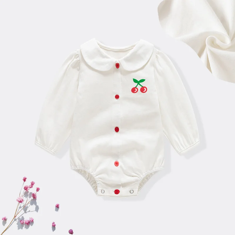 2025 Spring Baby Girls Rompers Cherry Solid Long Sleeve Cotton Infant Girl Bodysuit Single Breasted Newborn Girl Outfits