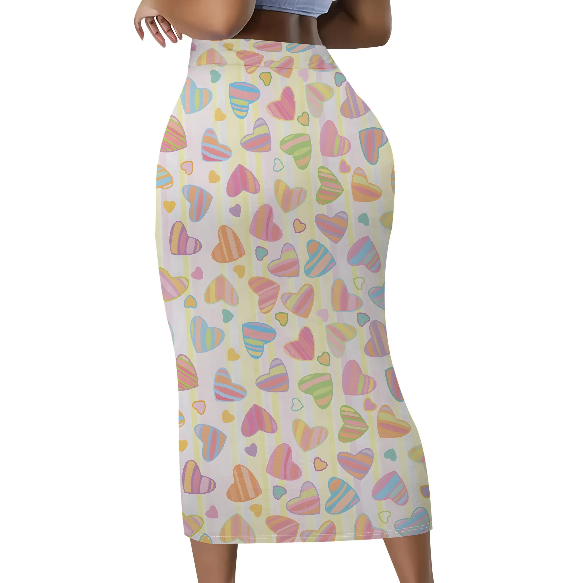 Pastellfarbener Midirock mit Herzprint, Regenbogenherzmuster, Bleistiftschnitt mit hoher Taille, lässige Sommerkleidung für Damen, S-2XL – Detail 3